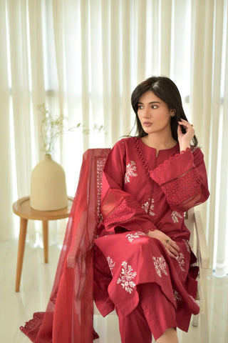 JENIFER MAHROON EMBROIDED 3-PC