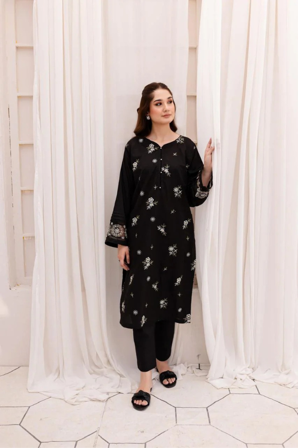 Black Embroidered Linen Dress