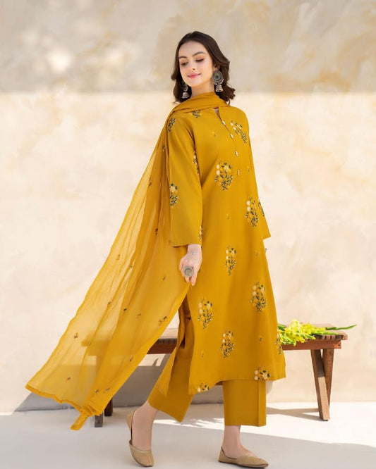 Mustard Hill Stitched 3-Piece Suits (Printed Chiffon Dupatta)
