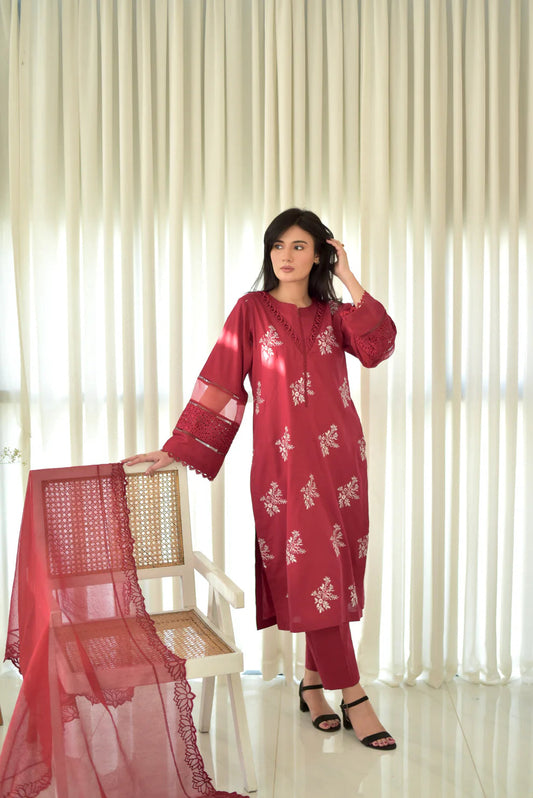 JENIFER MAHROON EMBROIDED 3-PC