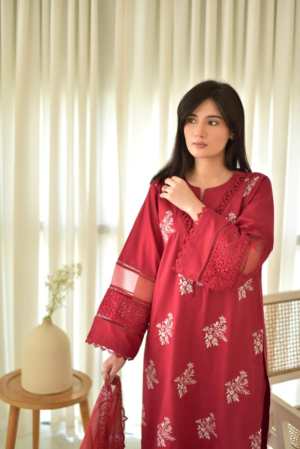 JENIFER MAHROON EMBROIDED 3-PC