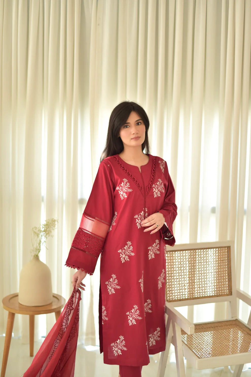 JENIFER MAHROON EMBROIDED 3-PC
