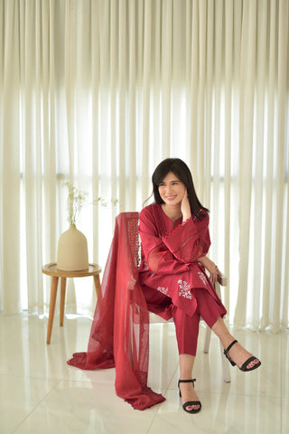 JENIFER MAHROON EMBROIDED 3-PC